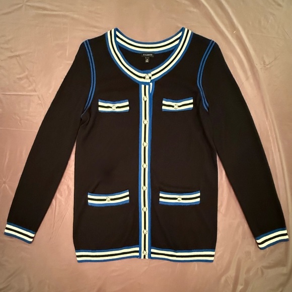 Talbots Black Silver Button Cardigan Sweater w/ Blue/White Trim Size Medium - Picture 3 of 9